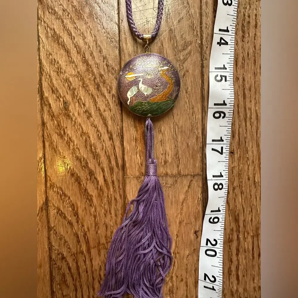 Vintage Freirich Cloisonné Purple Crane Sakura Tree DBL sided Pendant Necklace
